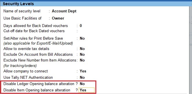 Control of Ledger and Stock item Opening balance alteration